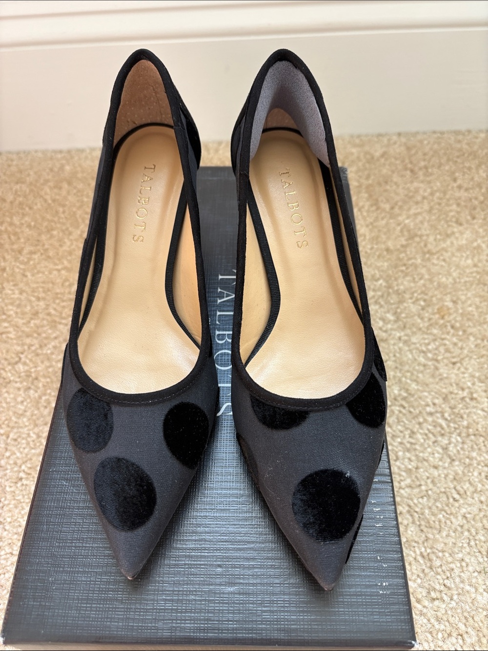 Talbots Black Polka Dot Pointed Toe Pumps with Velvet Accents